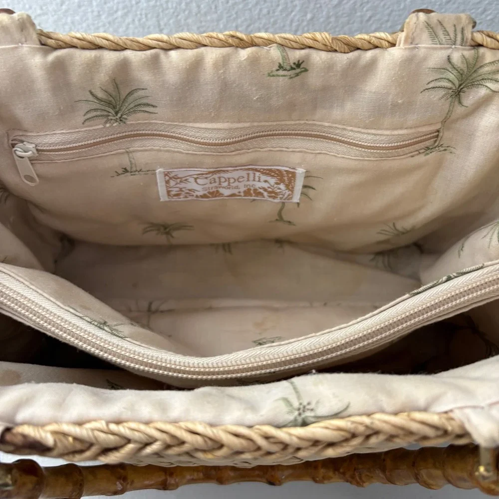 Cappelli Straworld Woven Straw Handbag Bamboo Handle Palm Tree Lining Tan Boho